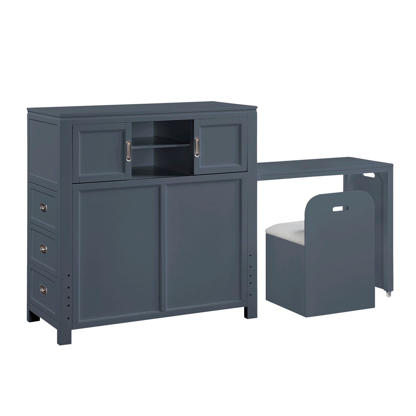 Navy Twin Bookcase Platform Bed with Hidden Desk, Storage Bench & Drawers