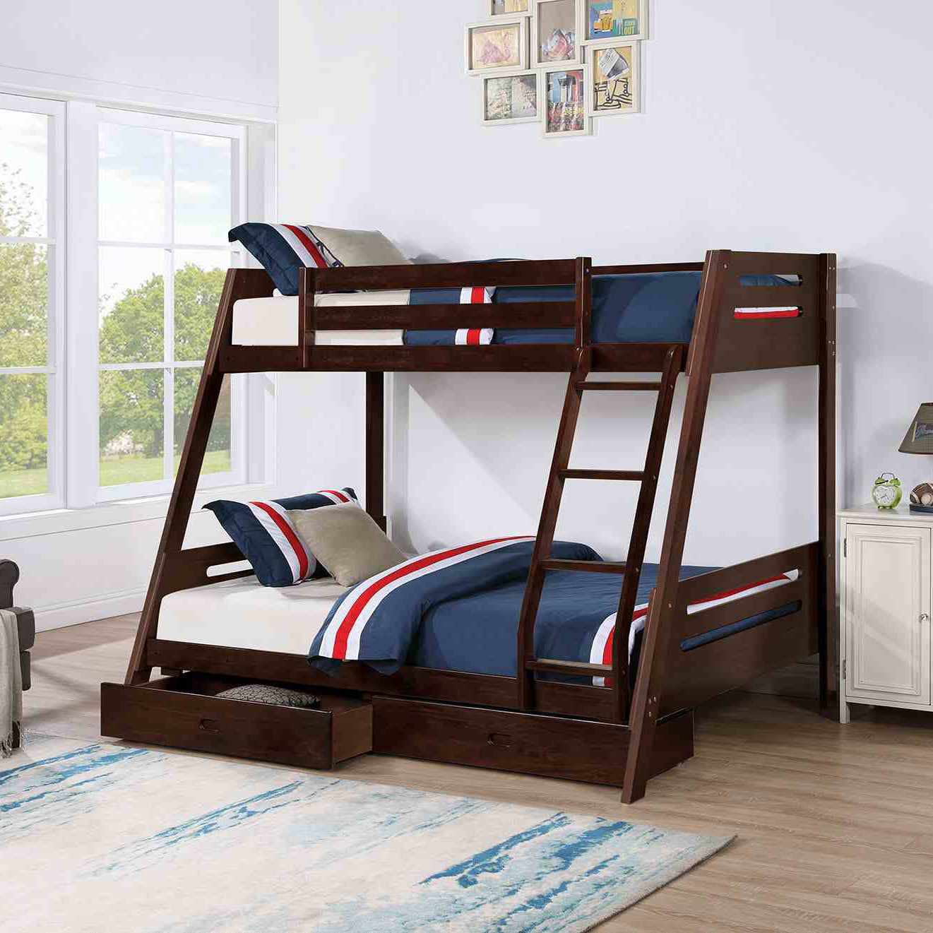 Twin Over Full Bunk Bed with Storage Drawers | Black, Brown