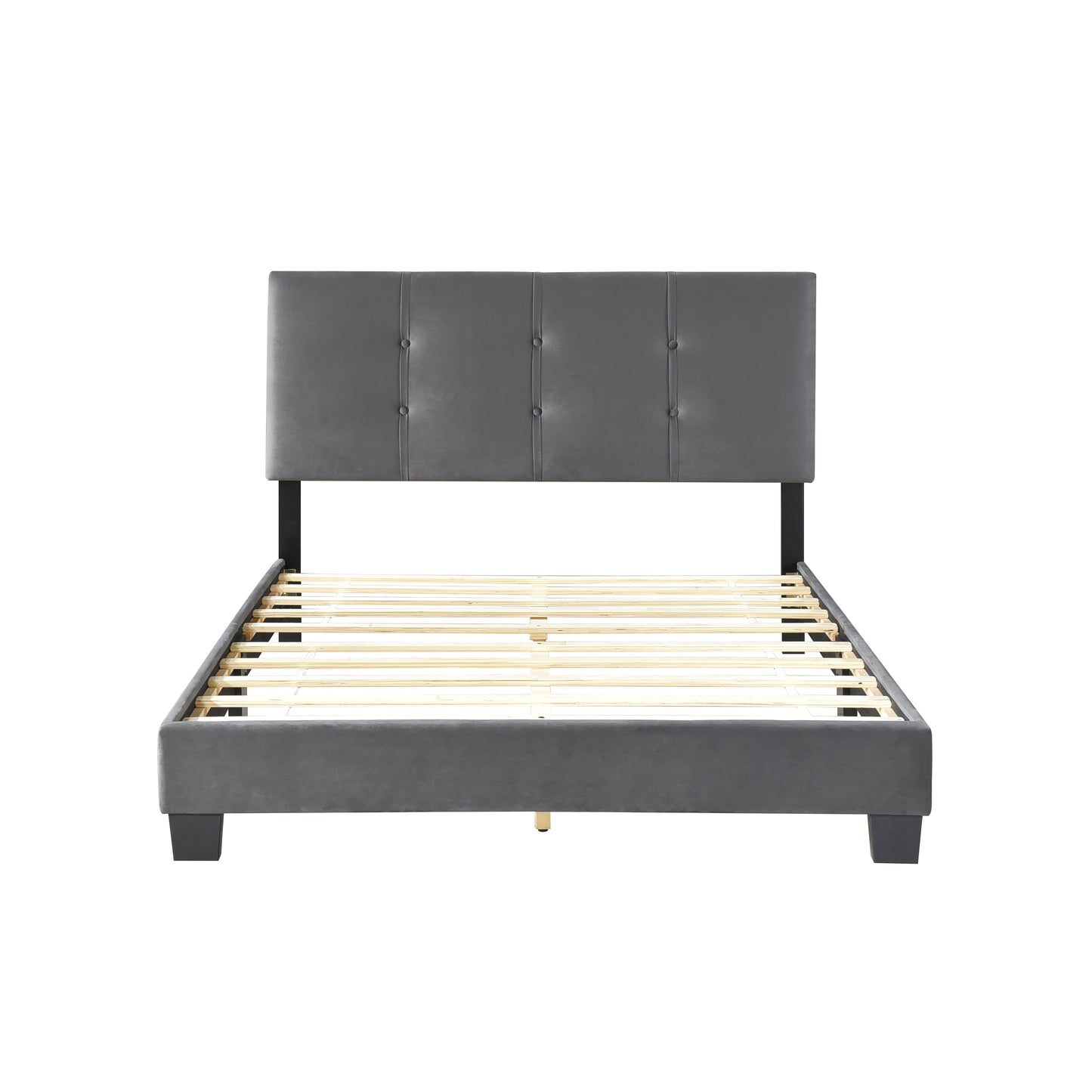 Gray Velvet Full Bed Frame with Button-Tufted Headboard