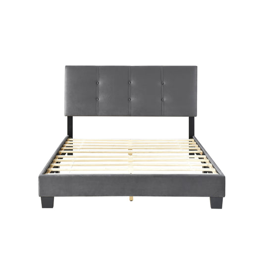 Gray Velvet Full Bed Frame with Button-Tufted Headboard