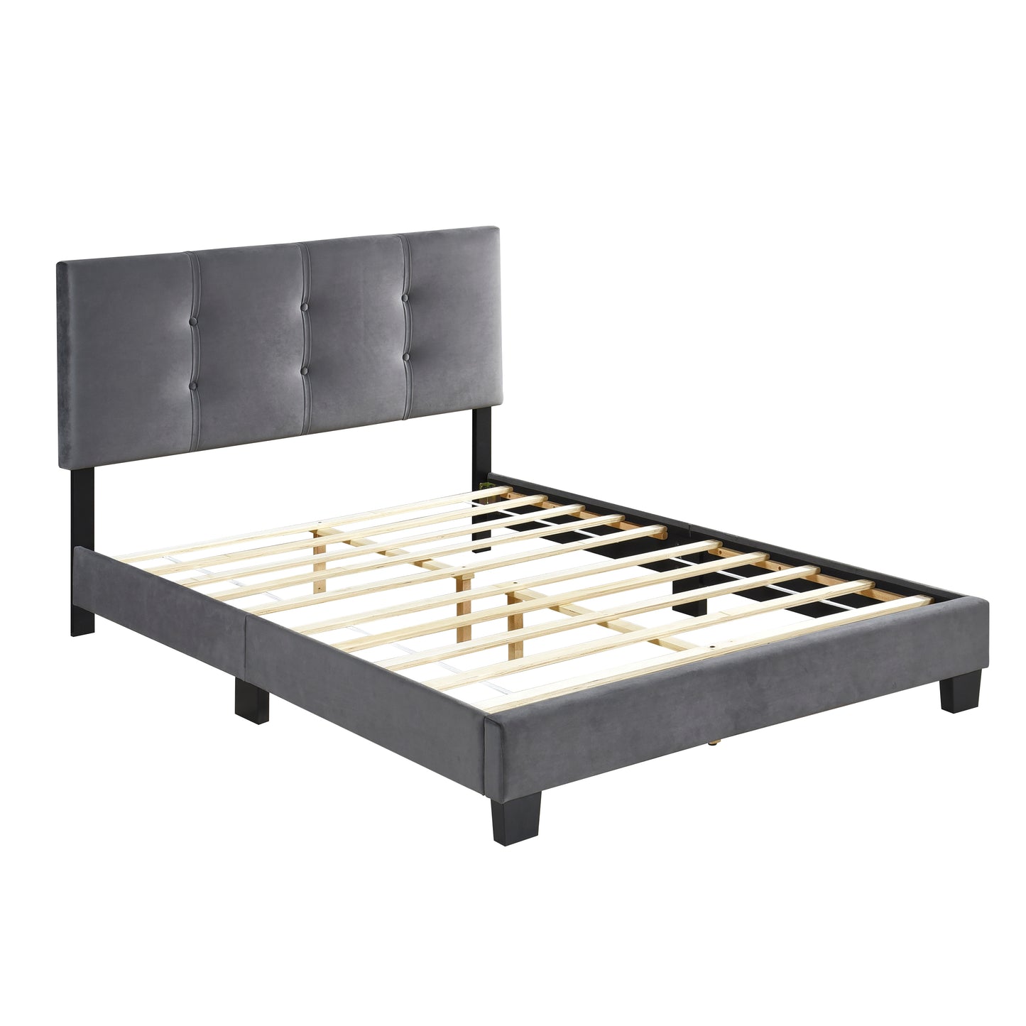 Gray Velvet Full Bed Frame with Button-Tufted Headboard