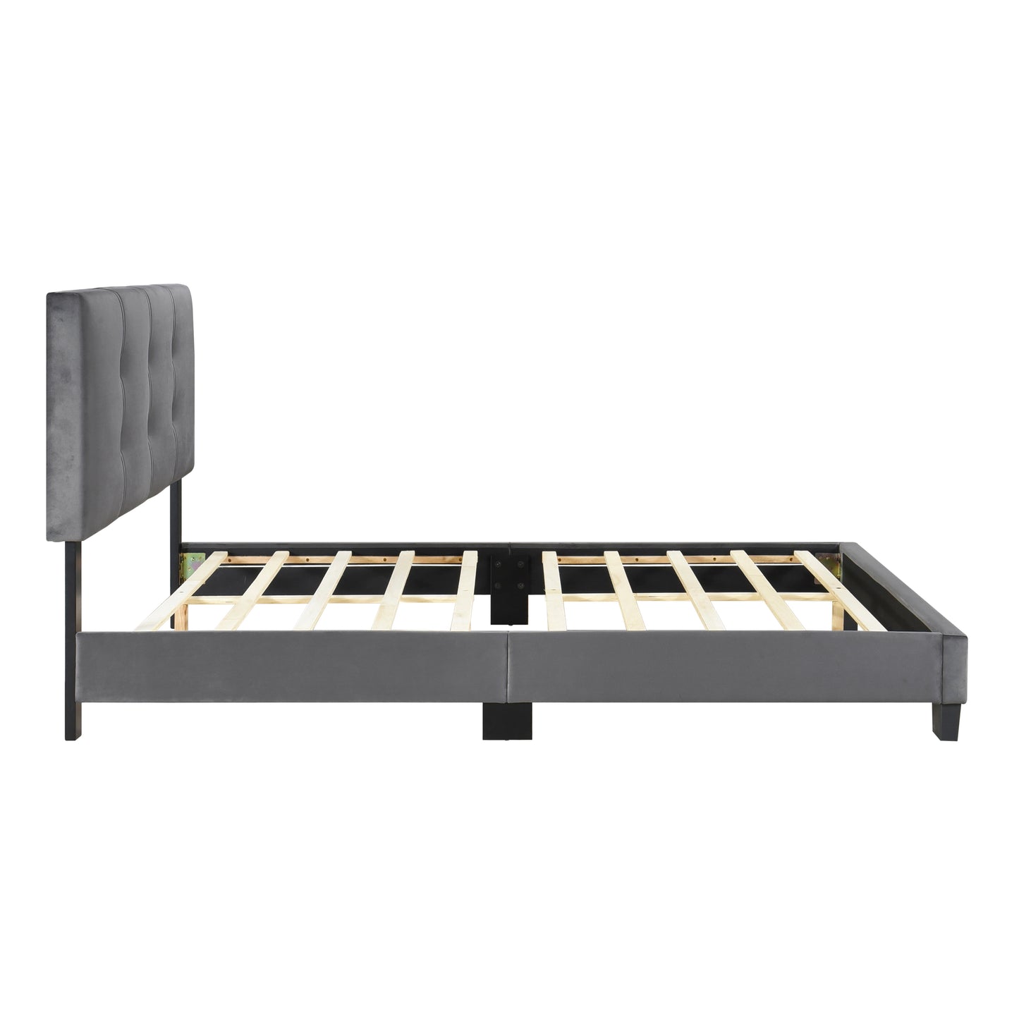 Gray Velvet Full Bed Frame with Button-Tufted Headboard