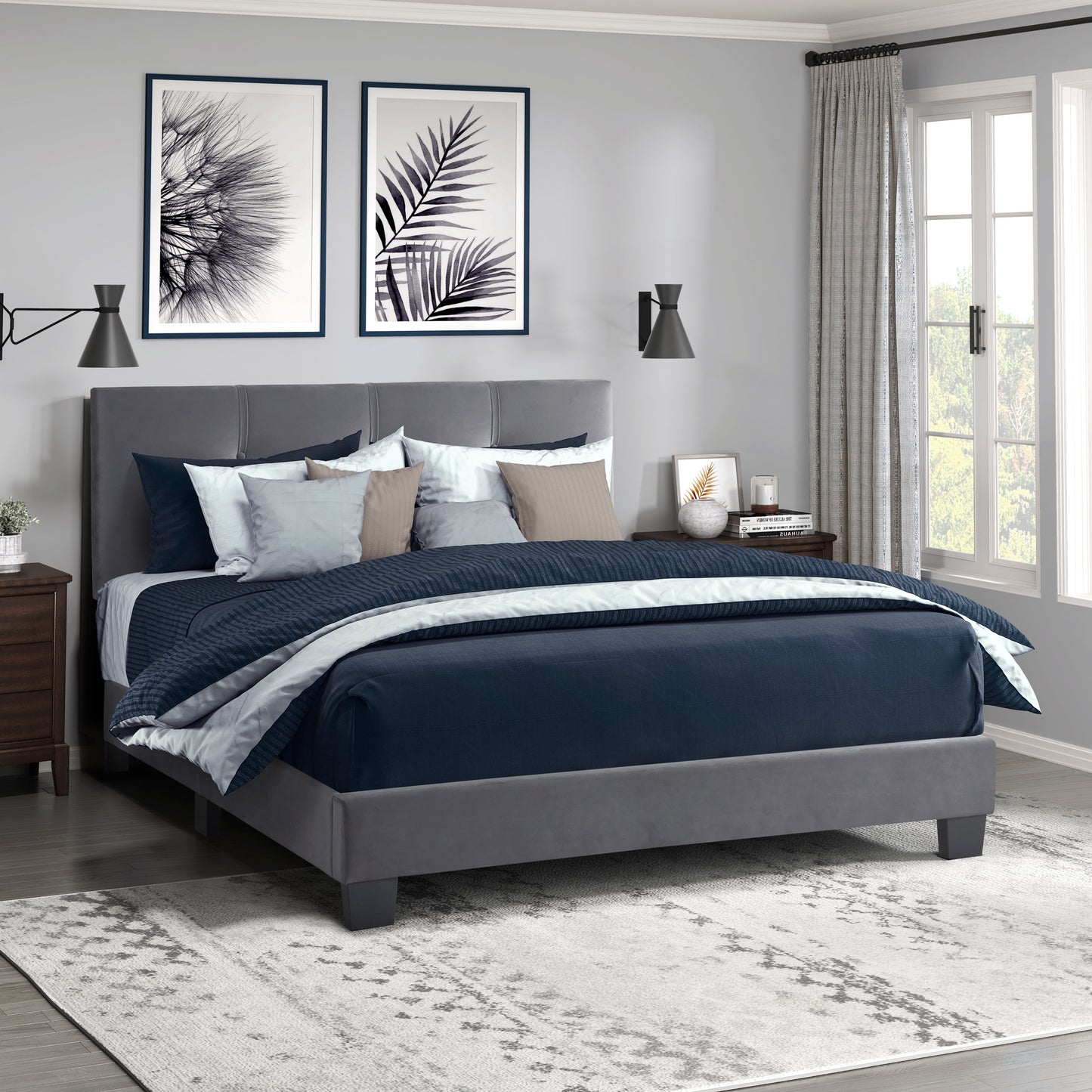 Gray Velvet Full Bed Frame with Button-Tufted Headboard