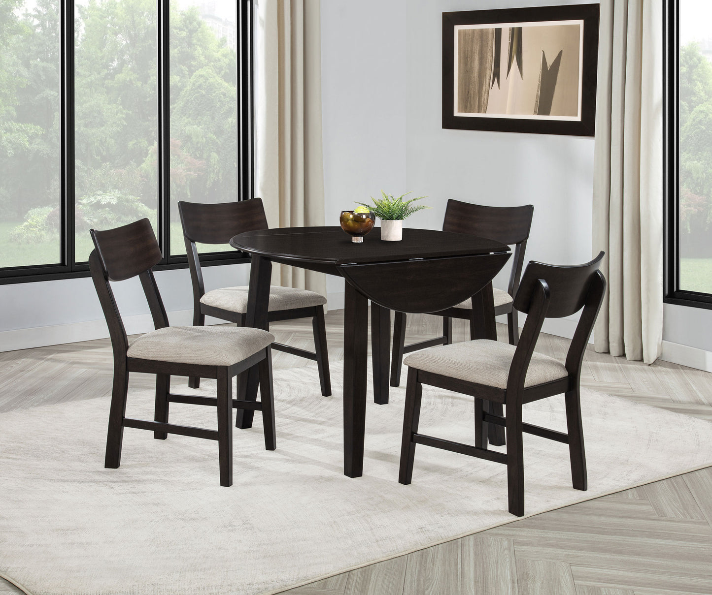 5-Piece Round Drop Leaf Dining Table Set in Dark Coffee Finish