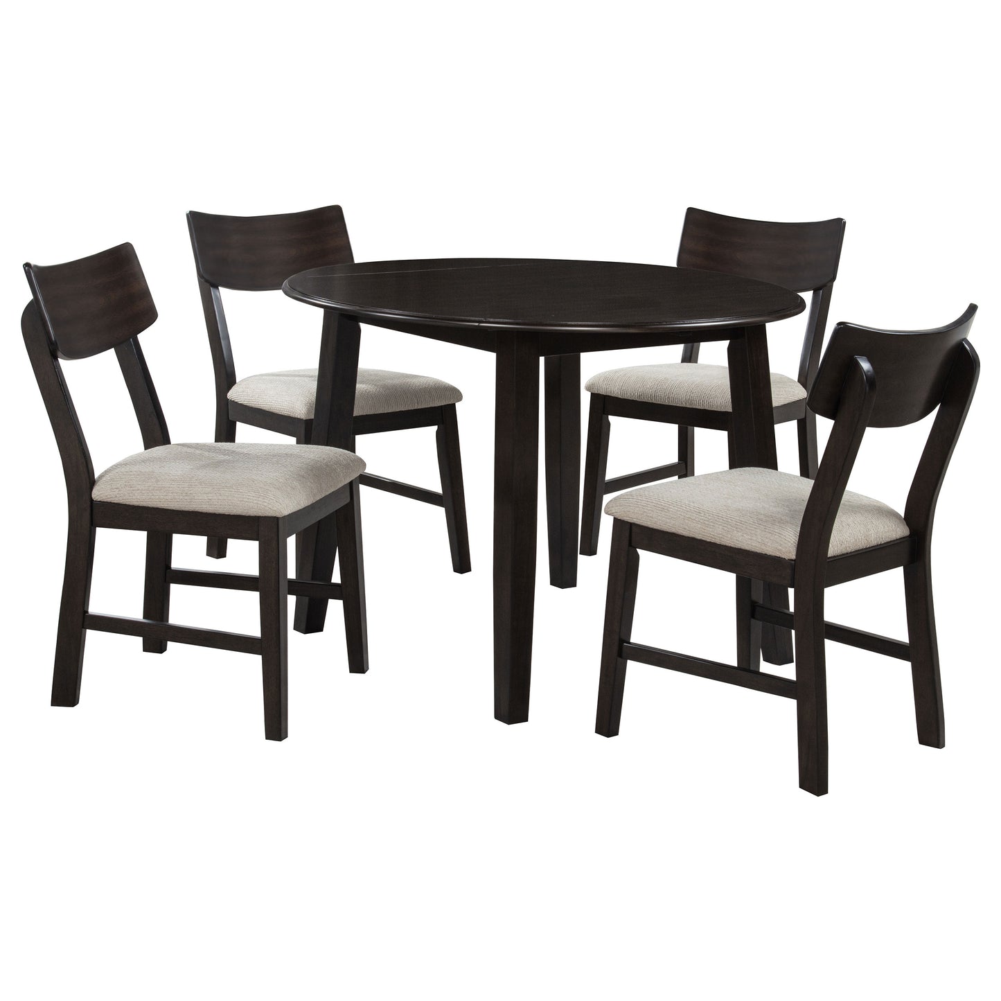 5-Piece Round Drop Leaf Dining Table Set in Dark Coffee Finish