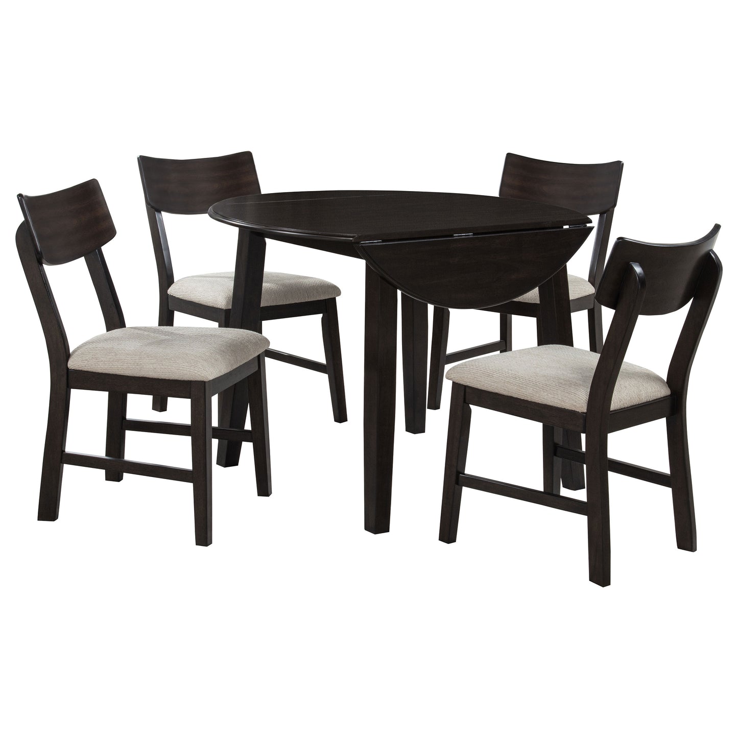 5-Piece Round Drop Leaf Dining Table Set in Dark Coffee Finish