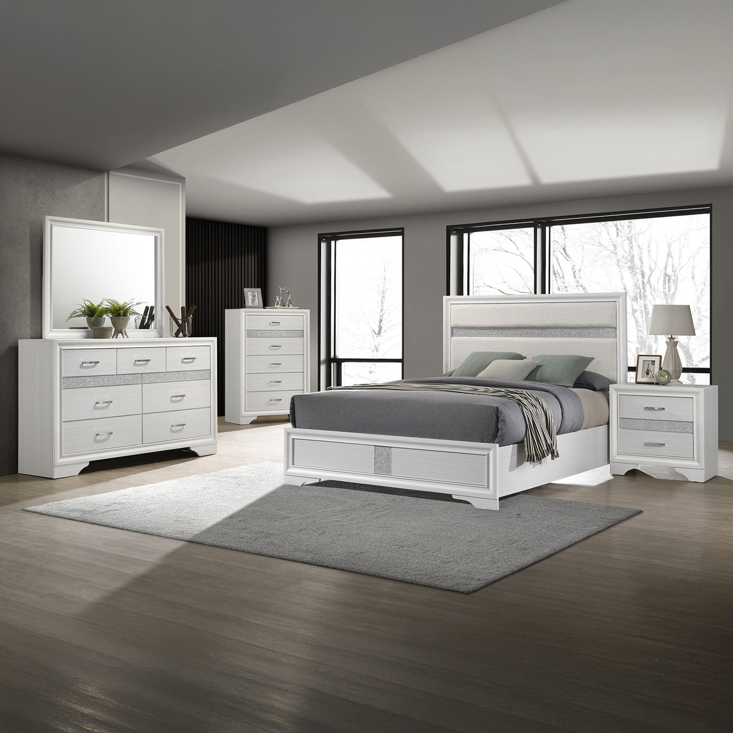 Glam 5-Piece Bedroom Set with Upholstered Headboard