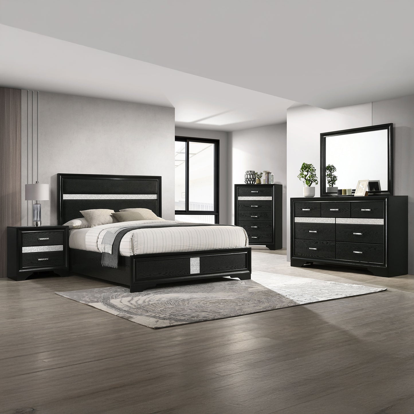 Glam 5-Piece Bedroom Set with Upholstered Headboard