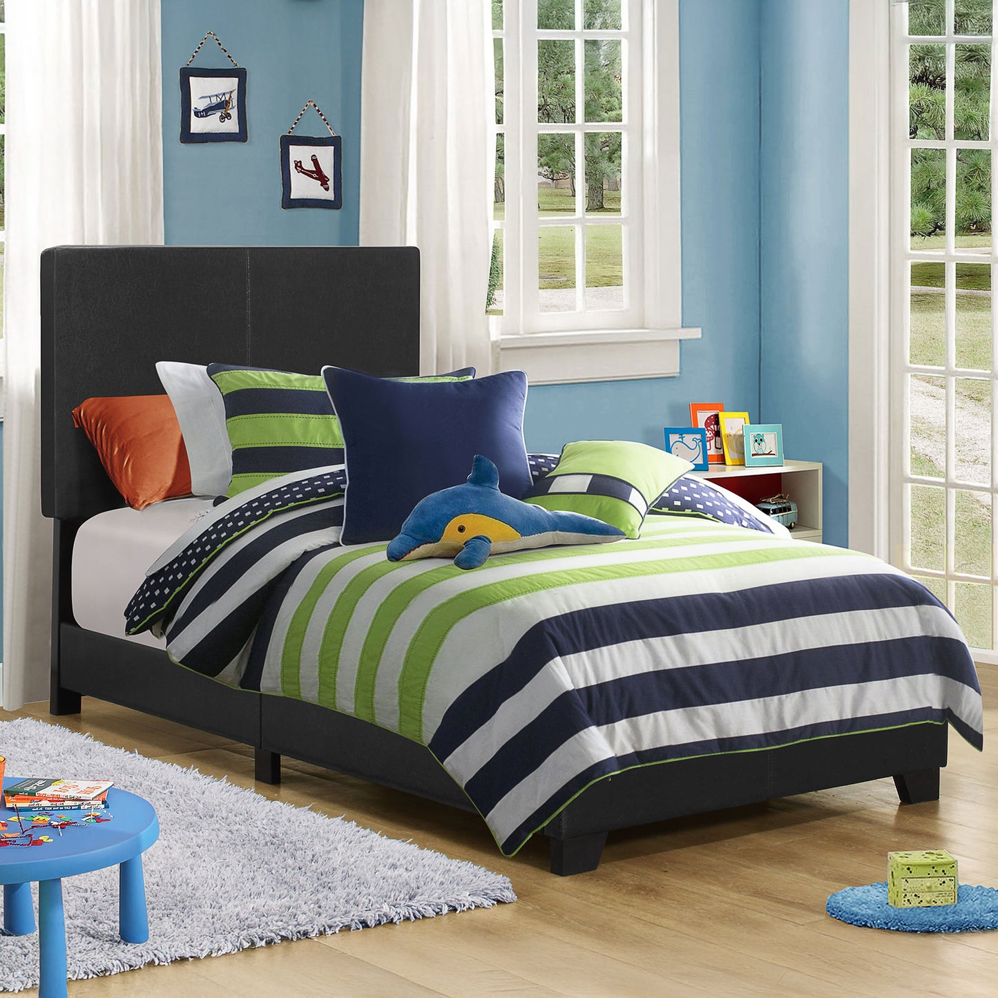 Black Leatherette Platform Panel Bed