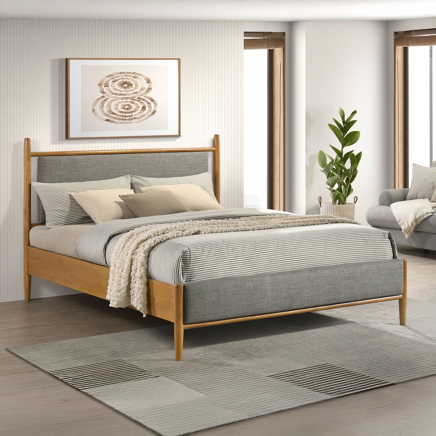 Mid-Century Modern Upholstered Platform Bed Frame