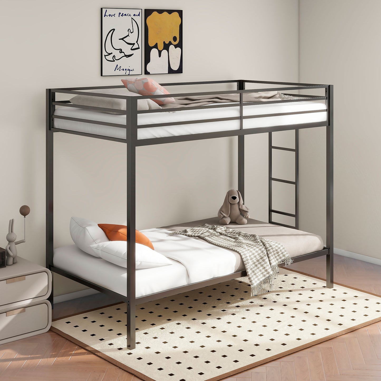 Modern Black Metal Twin Bunk Bed