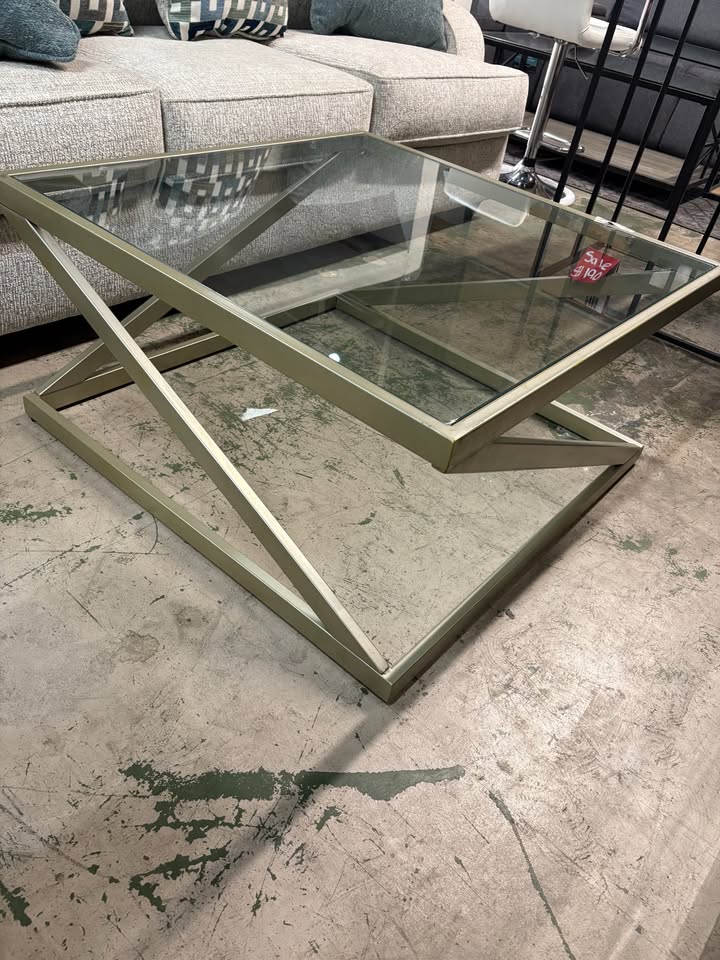 Gold Metal Geometric Base Glass Coffee Table
