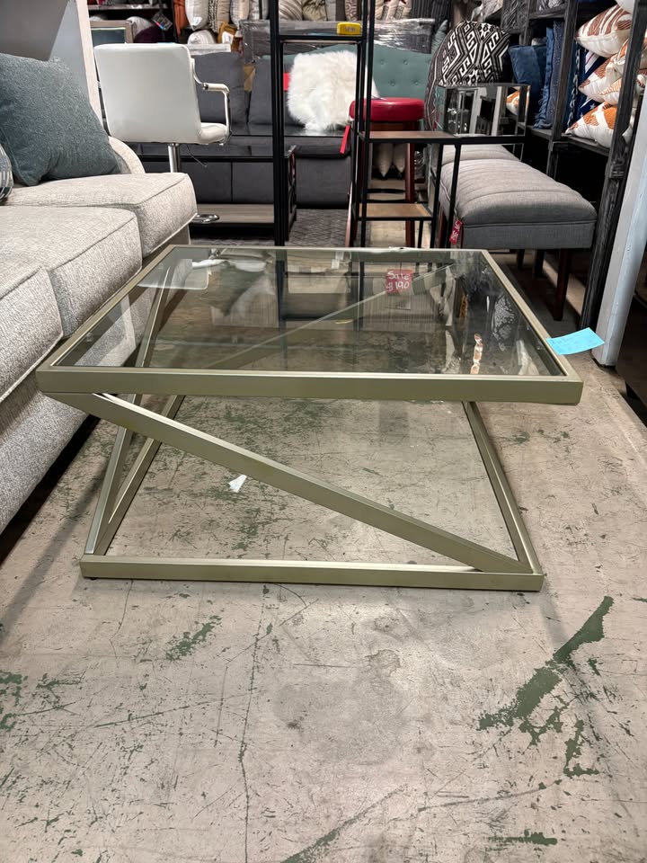 Gold Metal Geometric Base Glass Coffee Table