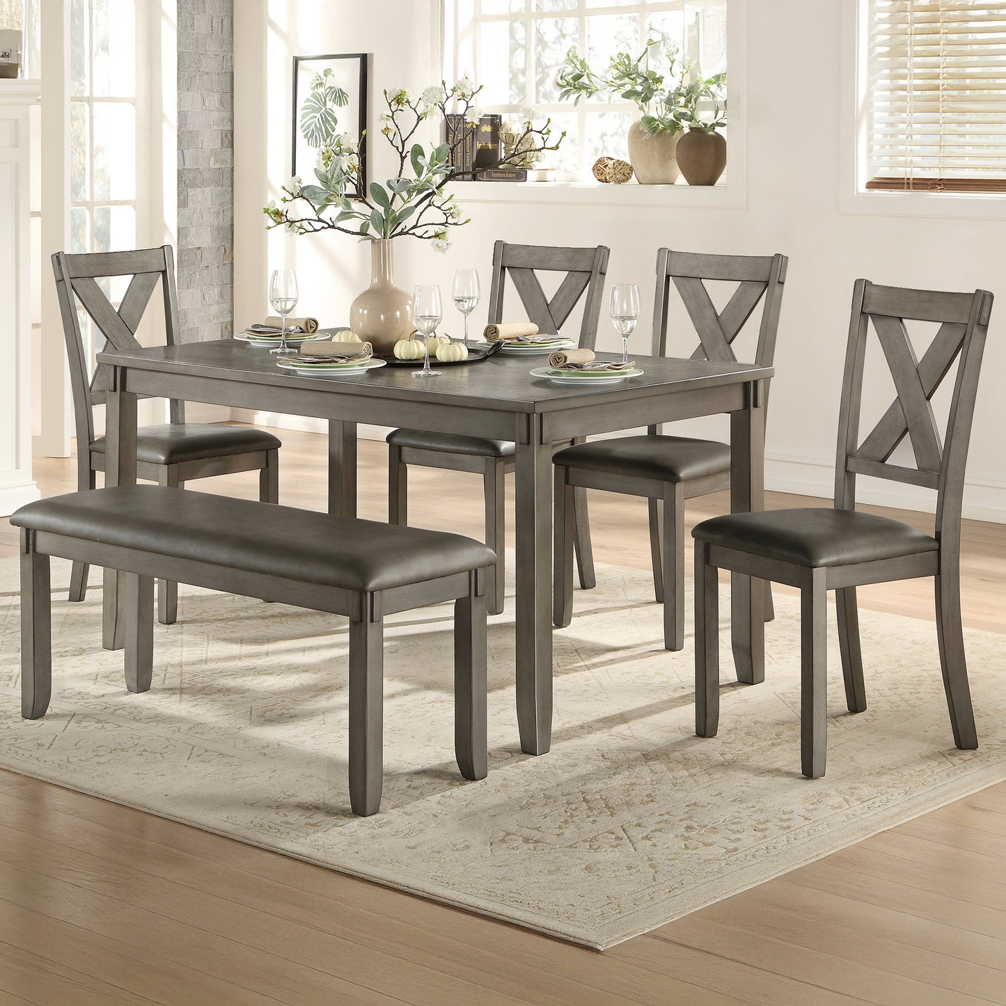 6-Piece Gray Dining Room Set with Bench