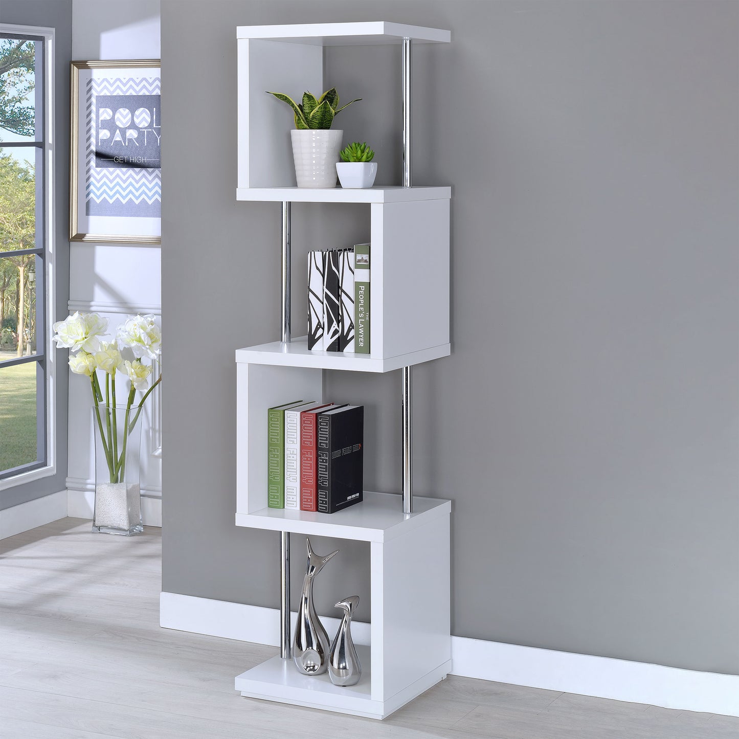 Modern Geometric 4-Tier White Bookcase