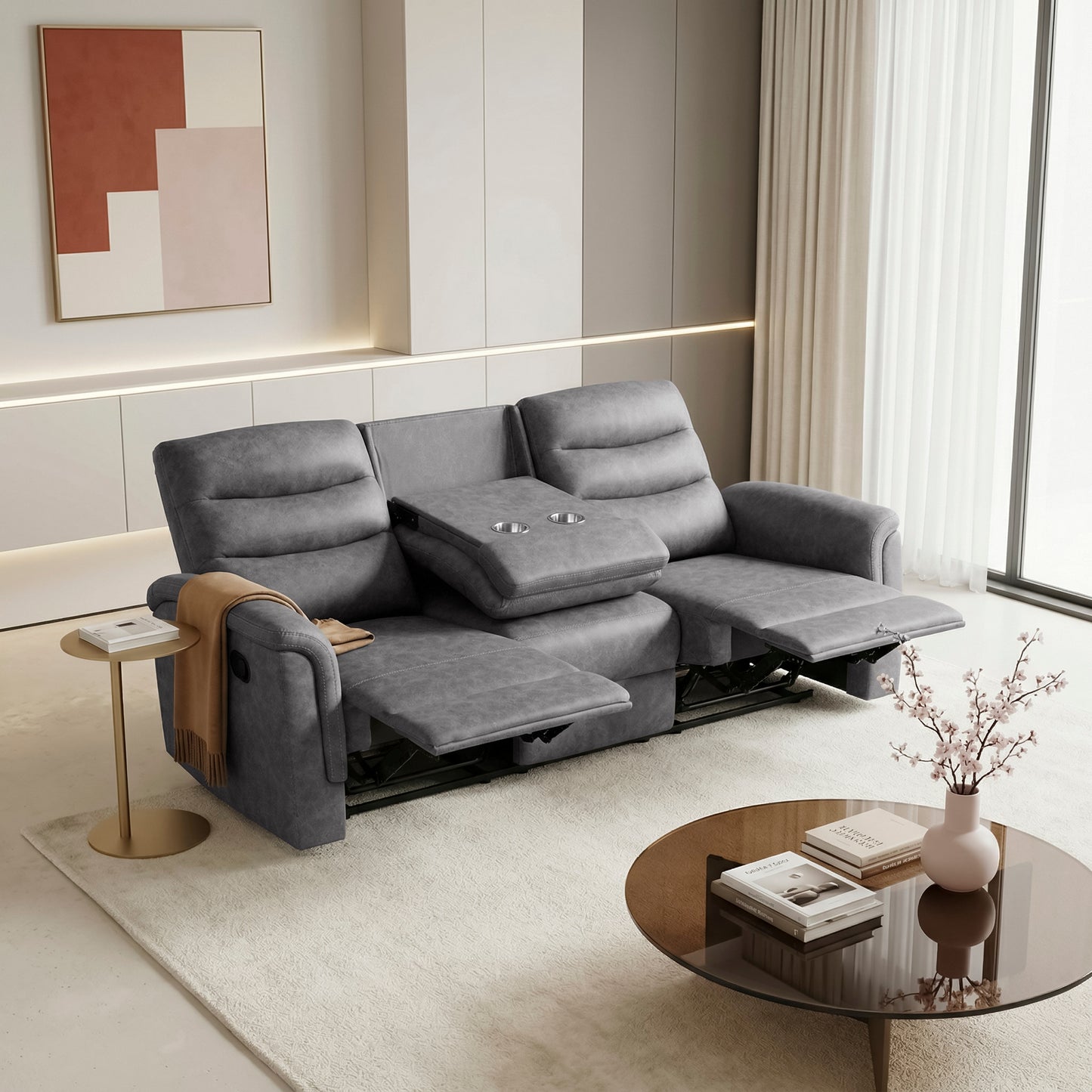Gray Dual Manual Reclining Sofa with Cup Holders