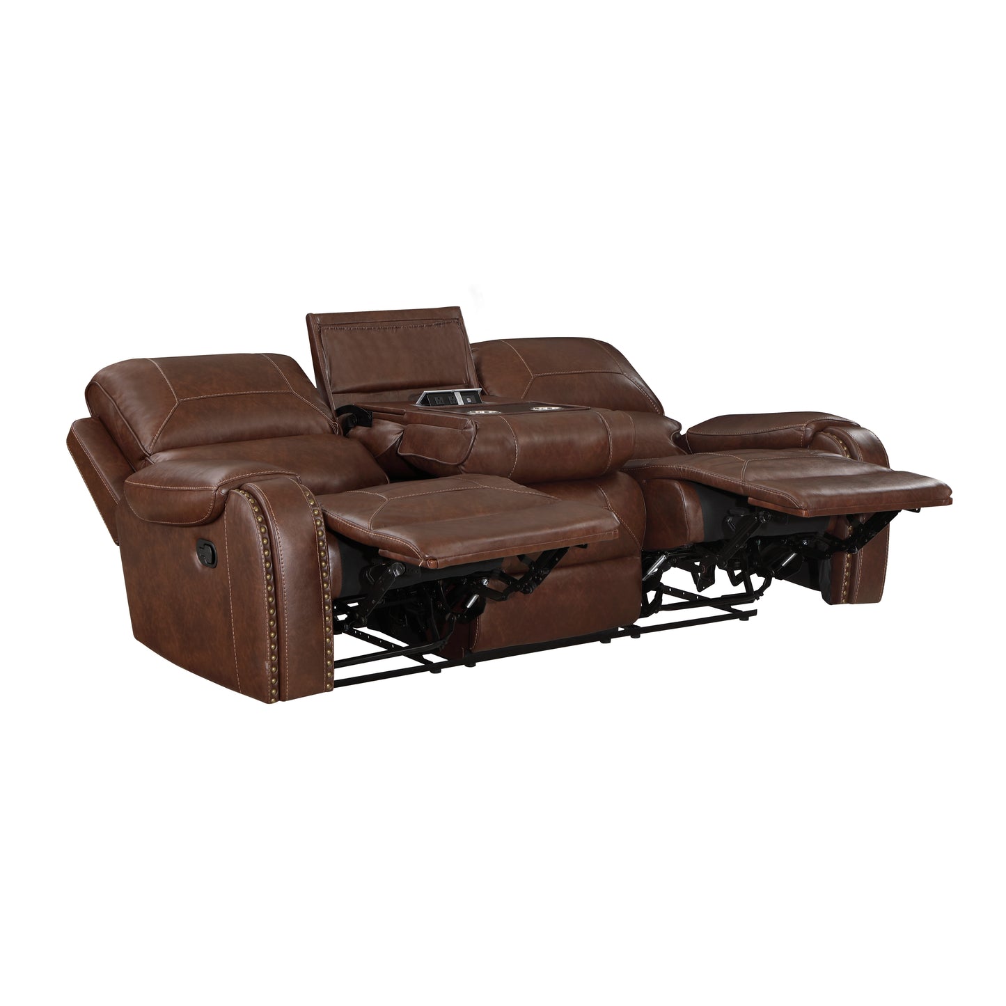 Brown Double Manual Reclining Sofa with Drop Down Console