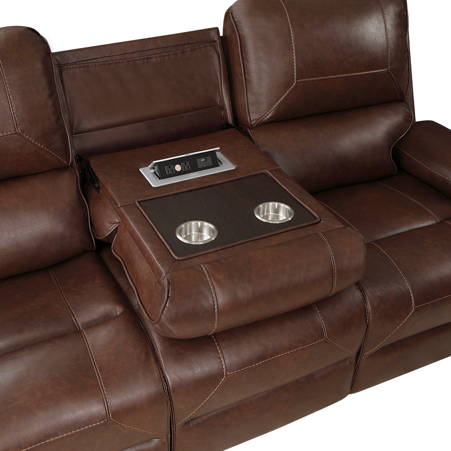 Brown Double Manual Reclining Sofa with Drop Down Console