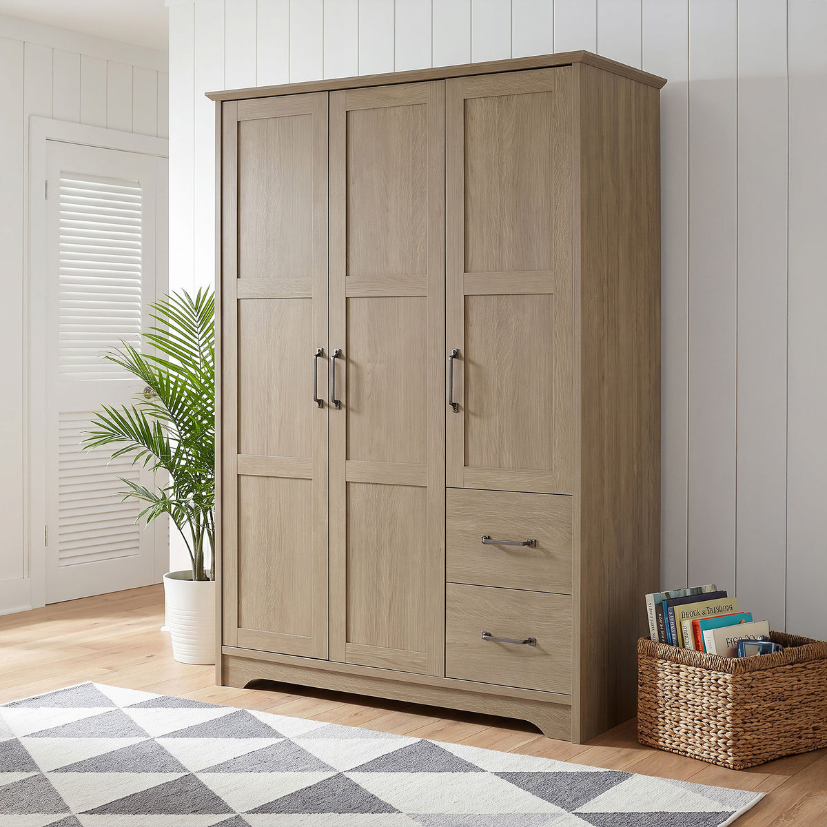 Light Natural 3-Door Wardrobe with Drawers