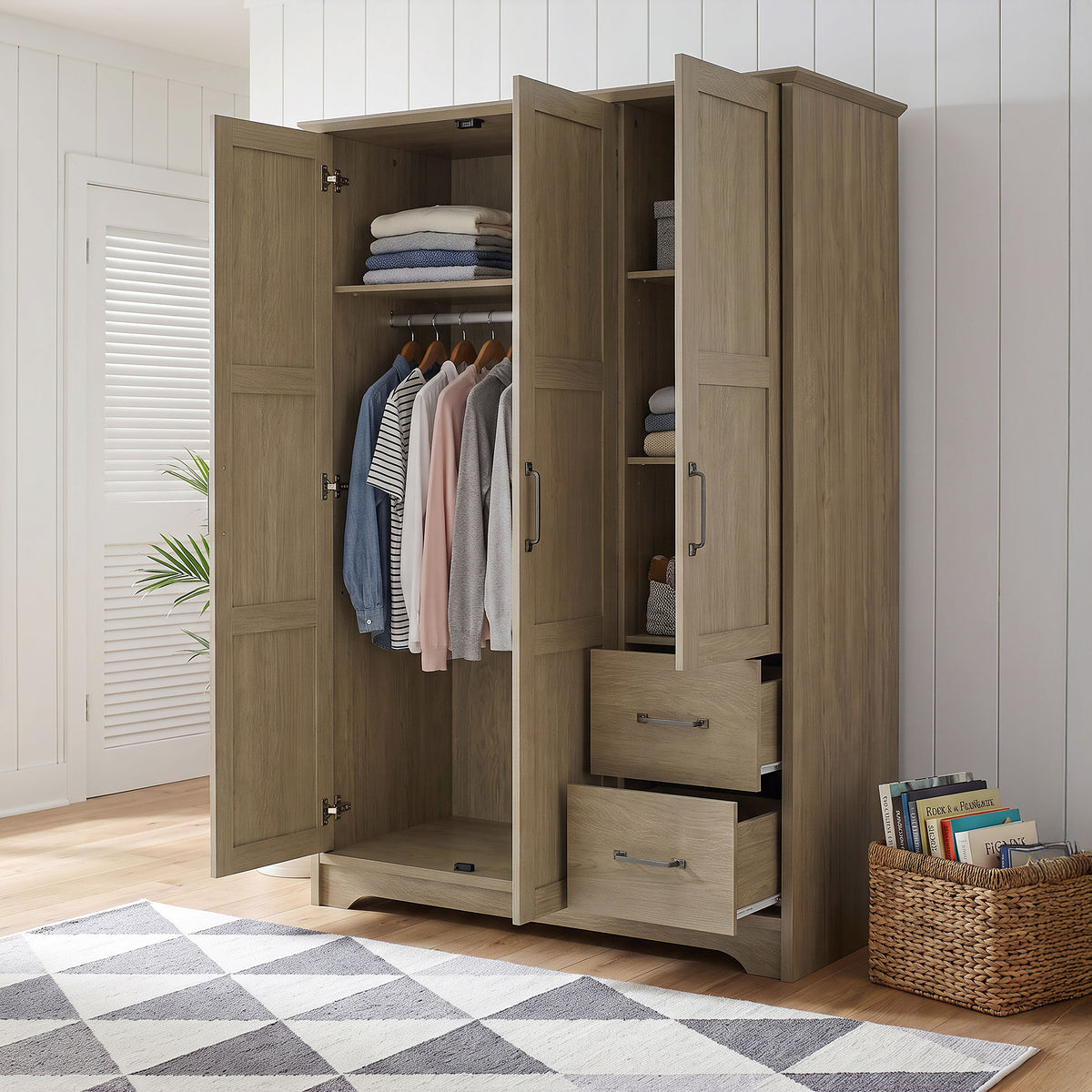 Light Natural 3-Door Wardrobe with Drawers