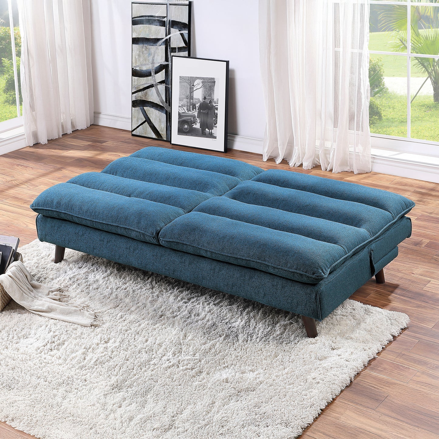 Textured Fabric Upholstered Convertible Futon Sleeper Sofa