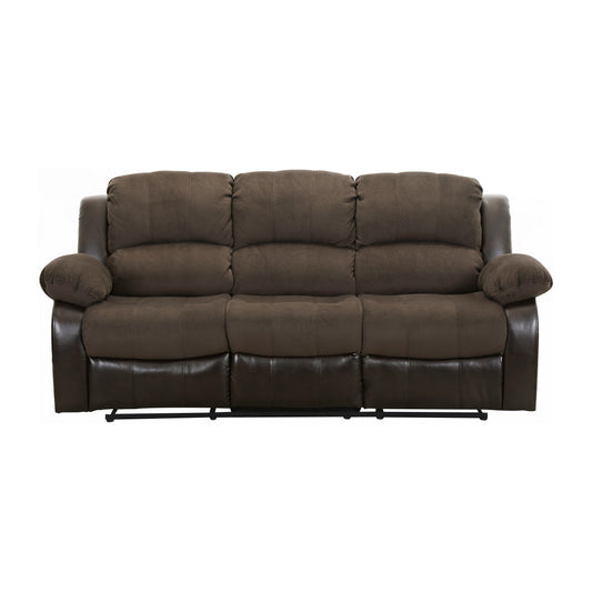 Chocolate Manual Reclining Sofa with Faux Leather Trim
