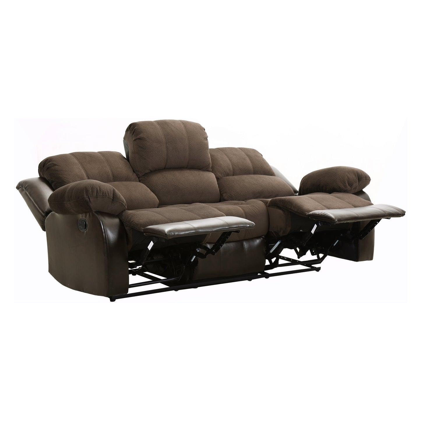 Chocolate Manual Reclining Sofa with Faux Leather Trim
