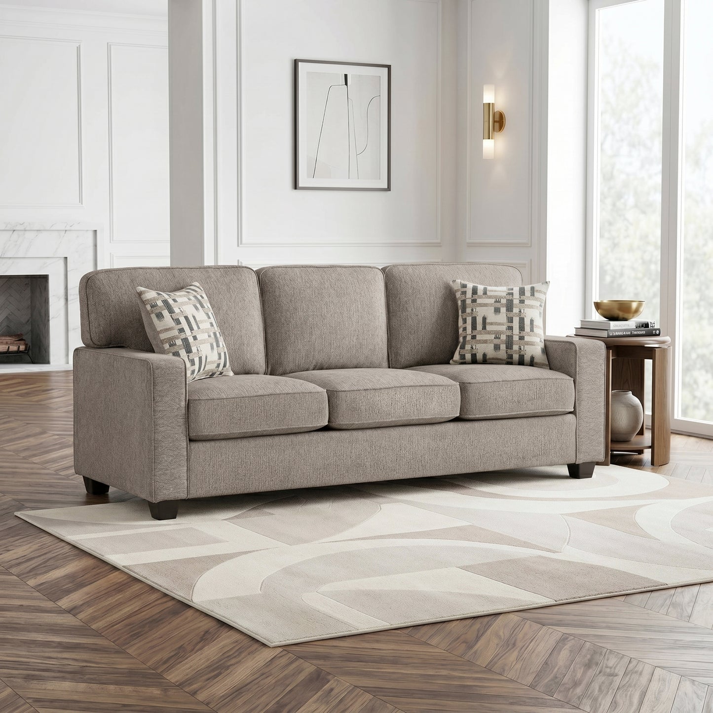 Taupe Chenille Sofa with Reversible Cushions