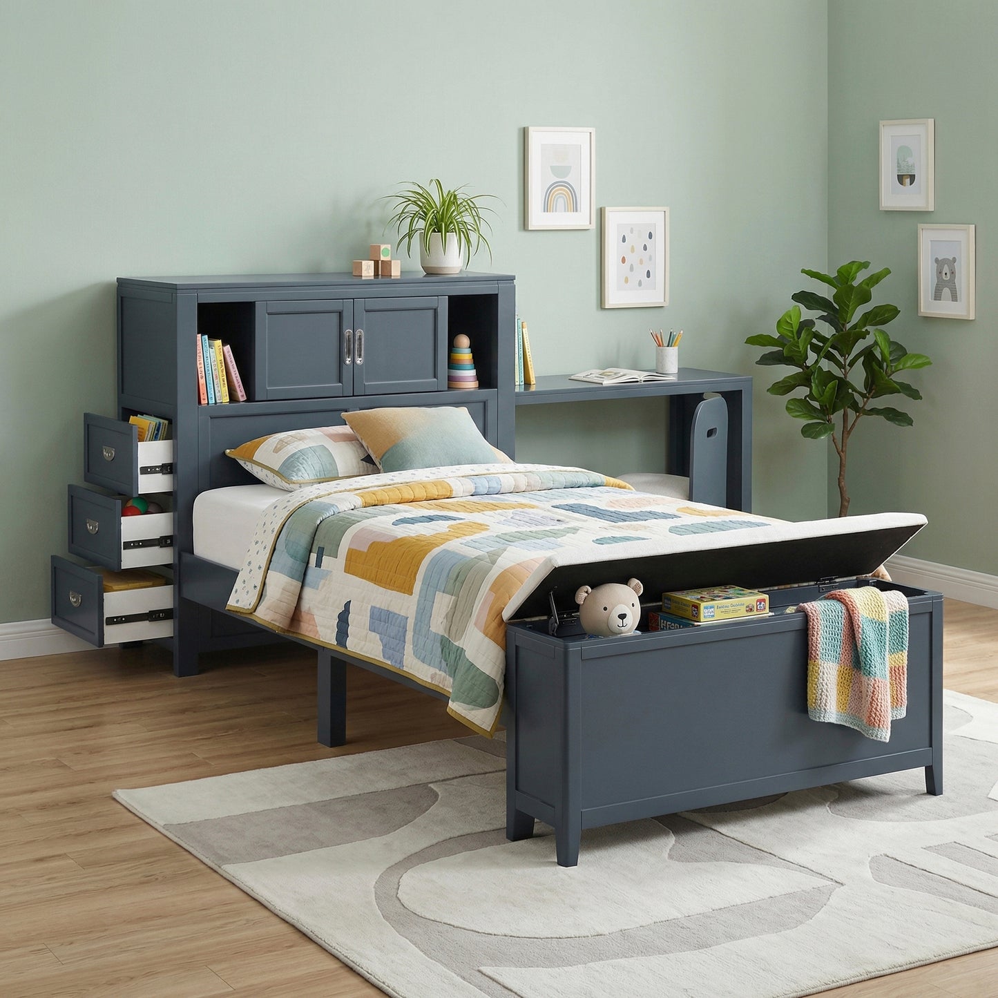 Navy Twin Bookcase Platform Bed with Hidden Desk, Storage Bench & Drawers