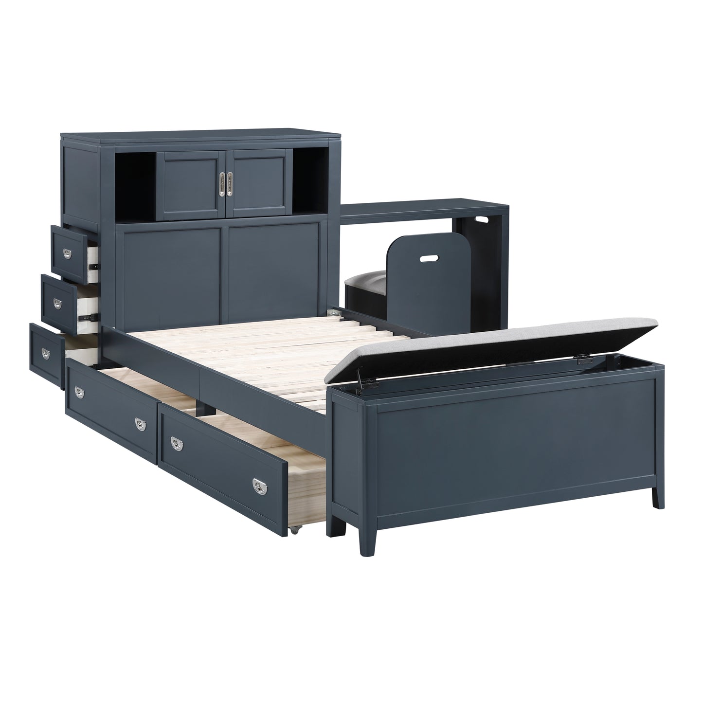 Navy Twin Bookcase Platform Bed with Hidden Desk, Storage Bench & Drawers