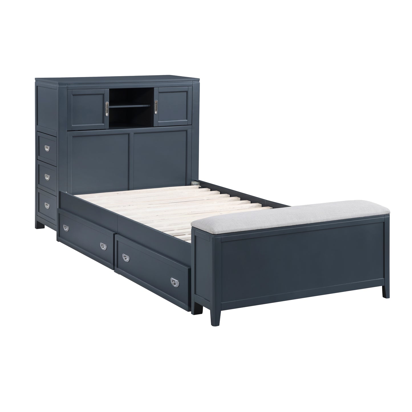 Navy Twin Bookcase Platform Bed with Hidden Desk, Storage Bench & Drawers
