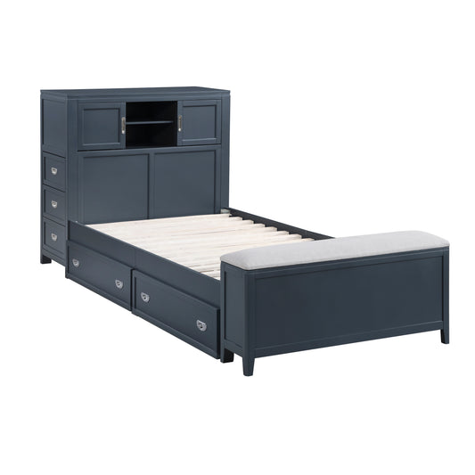 Navy Twin Bookcase Platform Bed with Hidden Desk, Storage Bench & Drawers