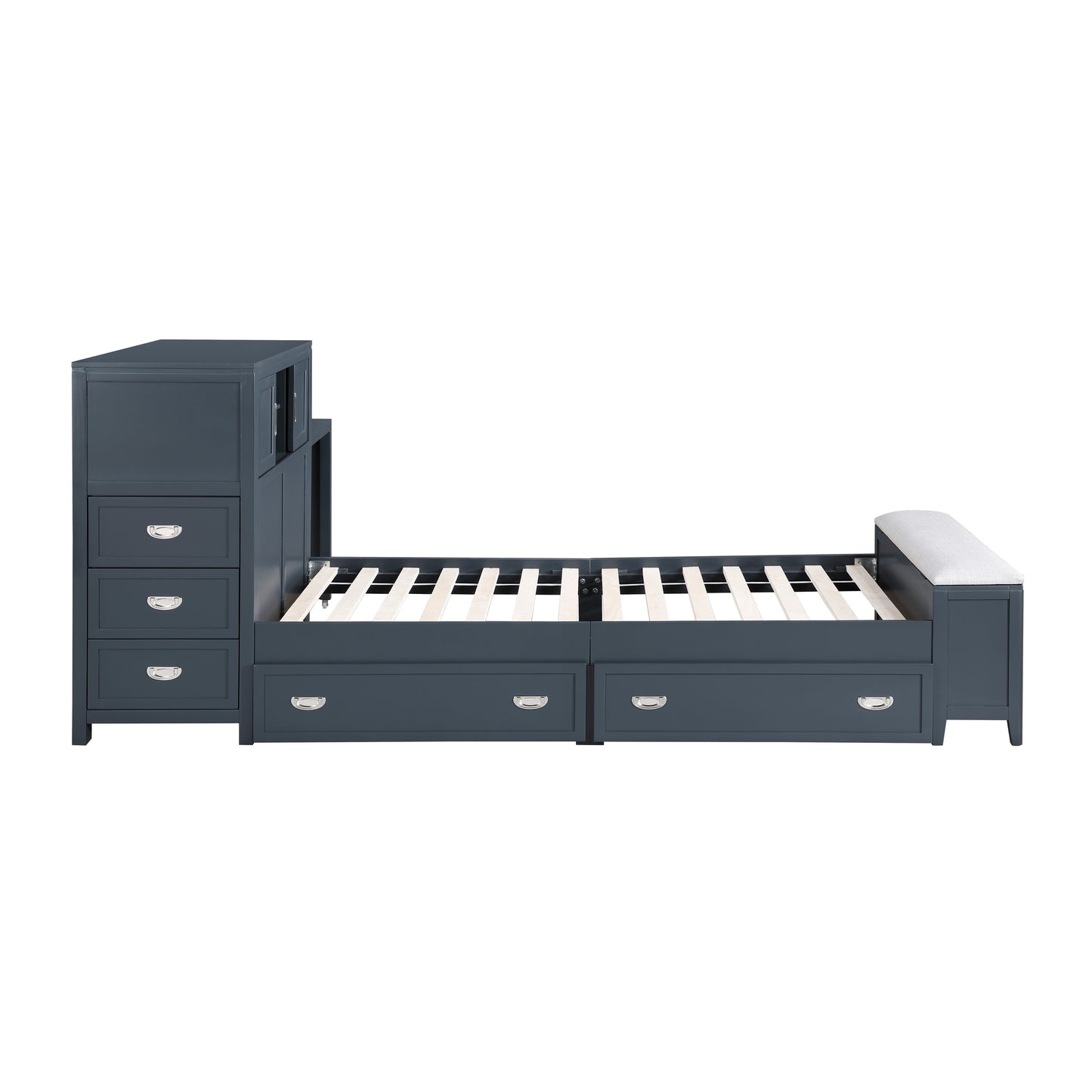 Navy Twin Bookcase Platform Bed with Hidden Desk, Storage Bench & Drawers