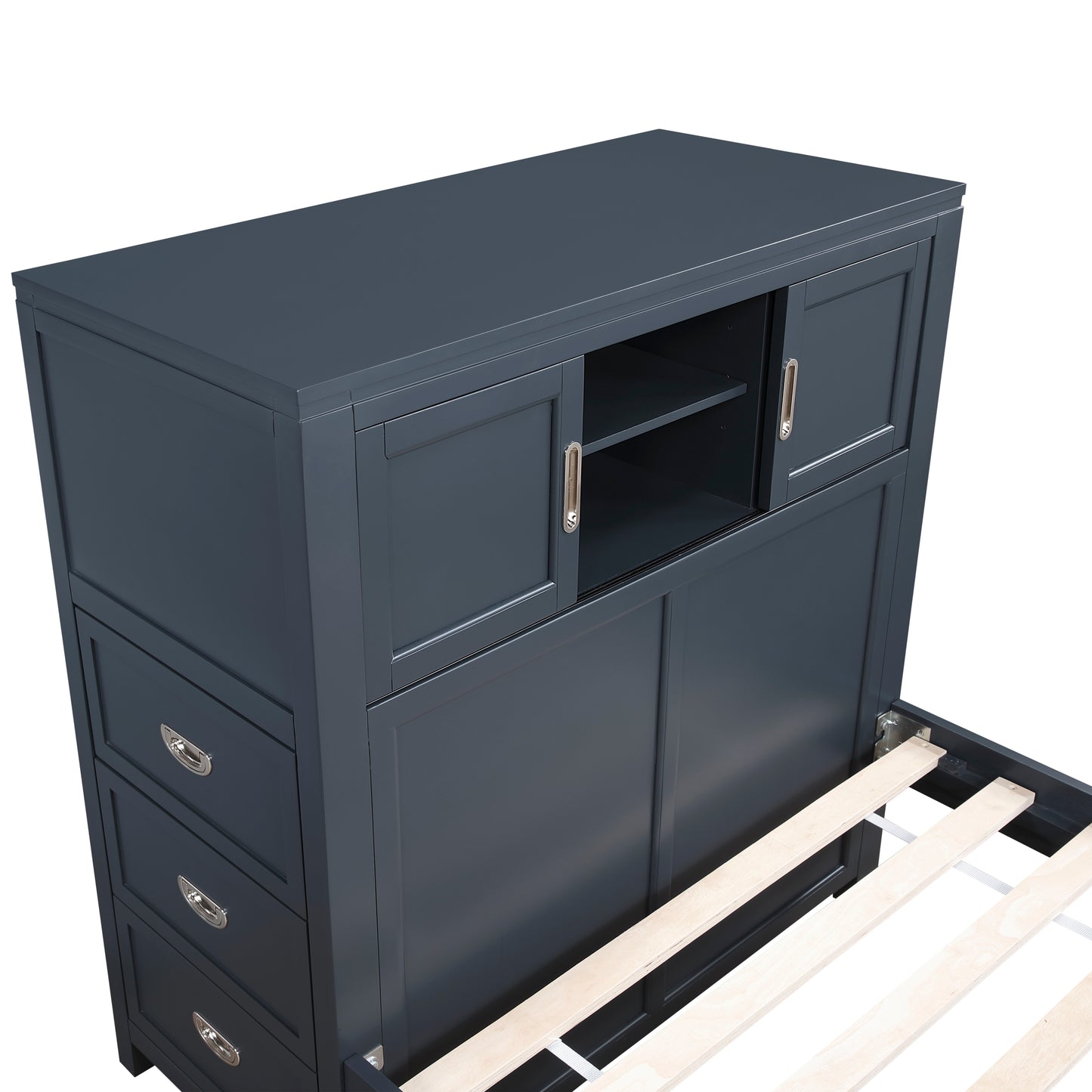 Navy Twin Bookcase Platform Bed with Hidden Desk, Storage Bench & Drawers