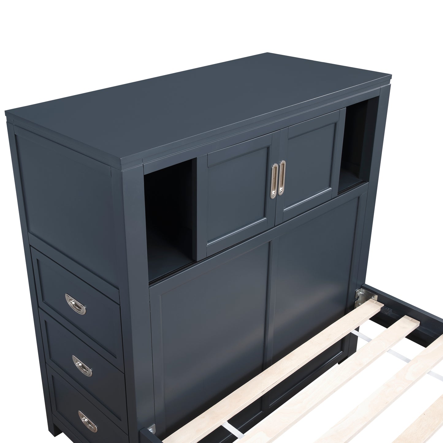 Navy Twin Bookcase Platform Bed with Hidden Desk, Storage Bench & Drawers