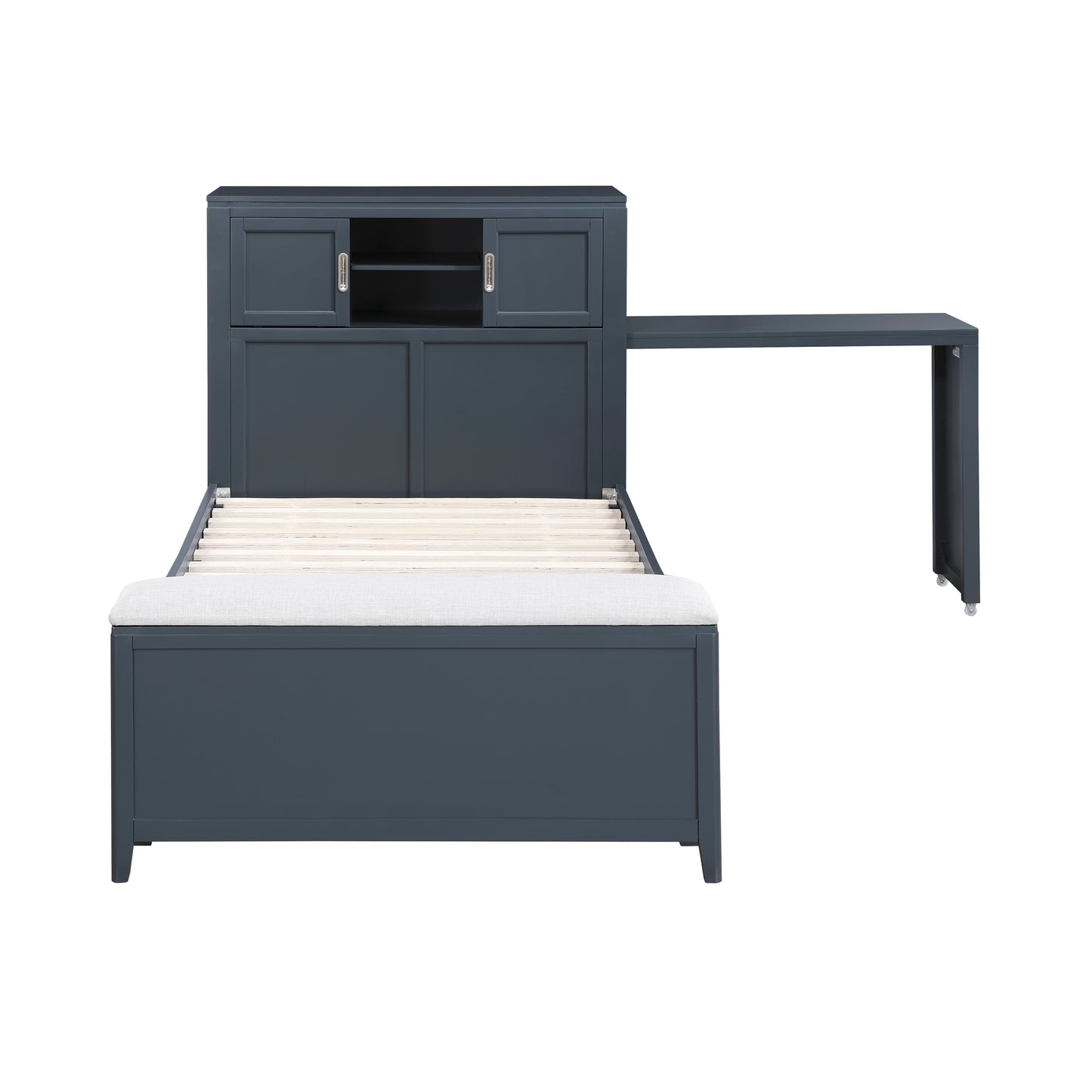Navy Twin Bookcase Platform Bed with Hidden Desk, Storage Bench & Drawers