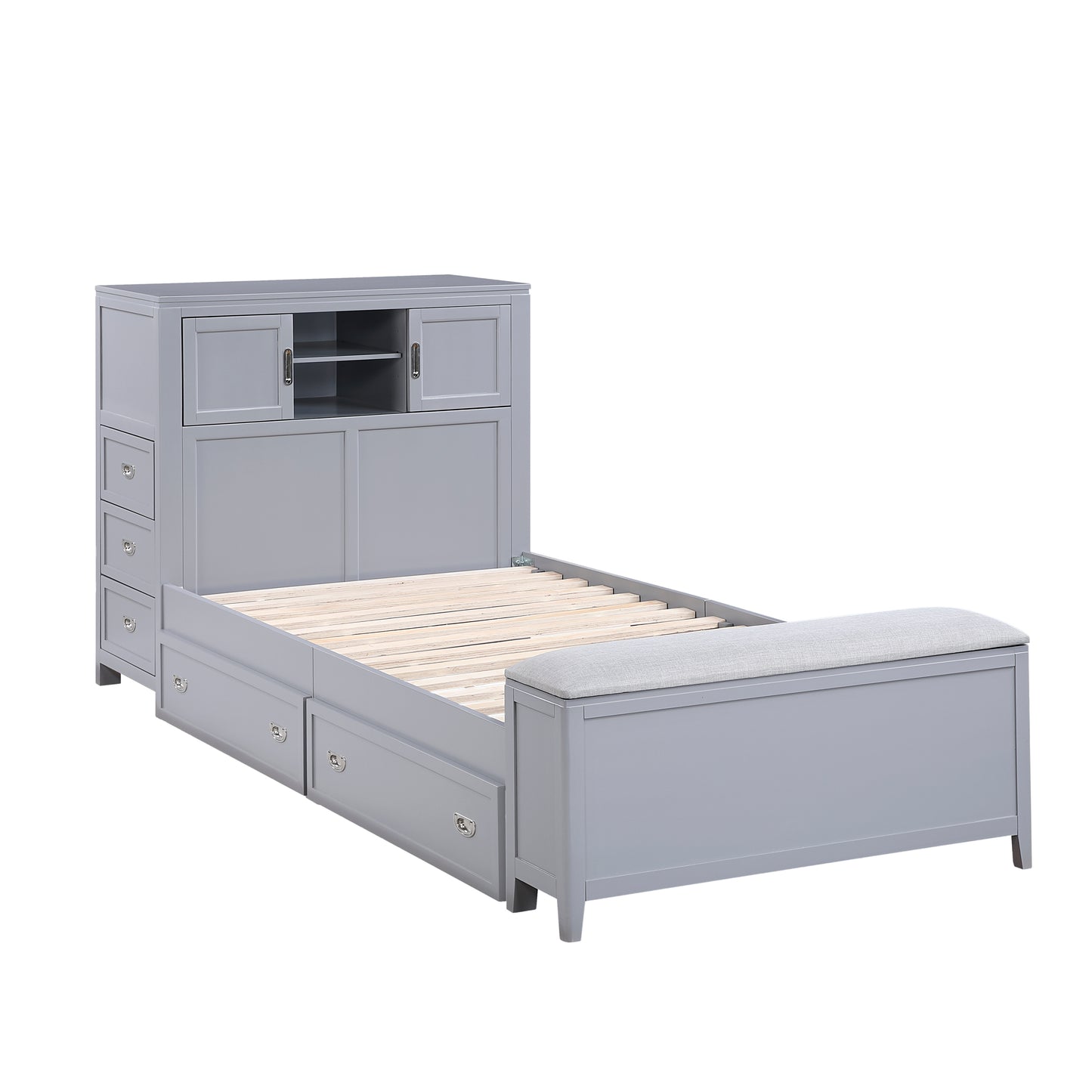 Gray Twin Bookcase Platform Bed with Hidden Desk, Storage Bench & Drawers