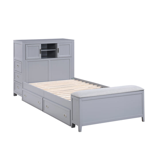 Gray Twin Bookcase Platform Bed with Hidden Desk, Storage Bench & Drawers