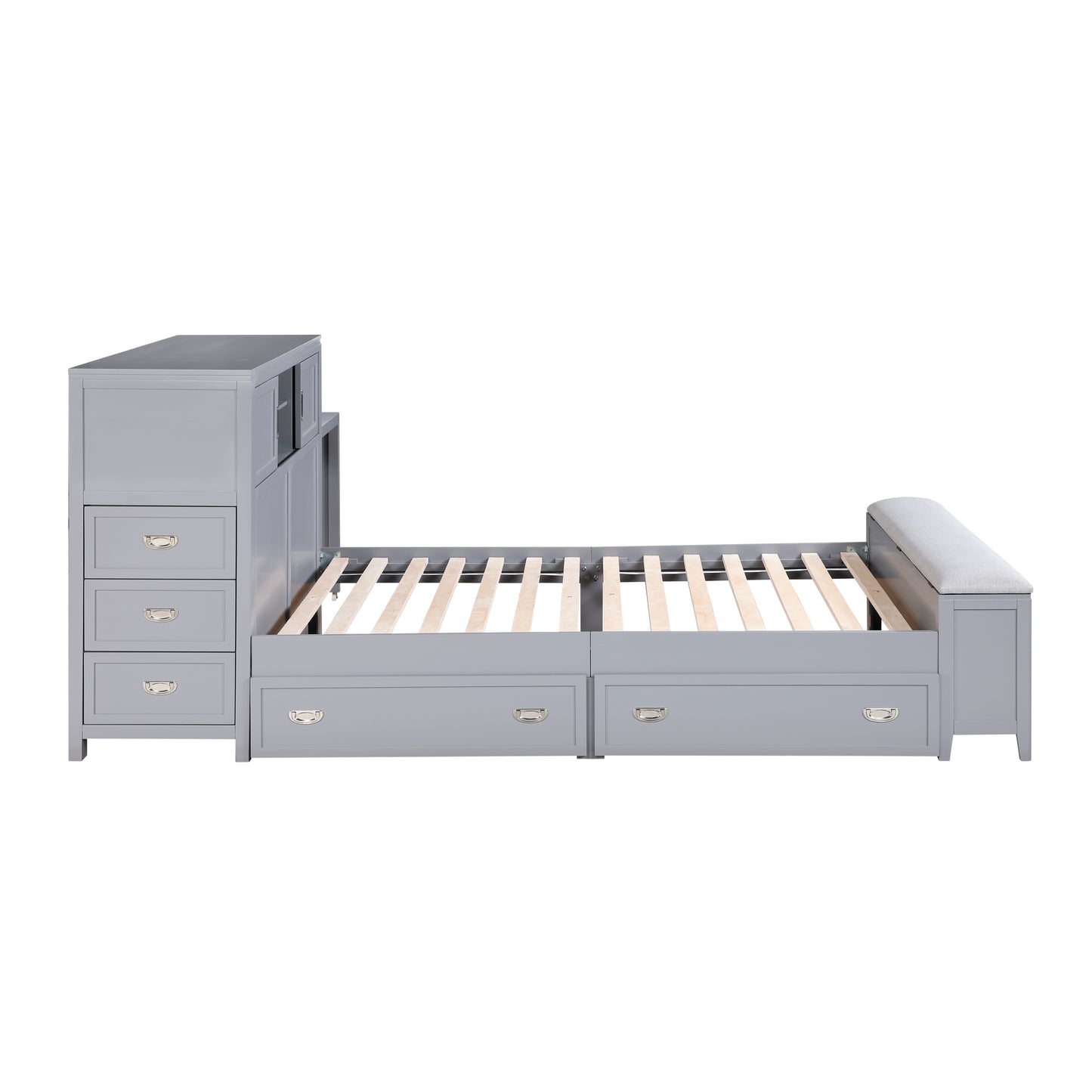 Gray Twin Bookcase Platform Bed with Hidden Desk, Storage Bench & Drawers