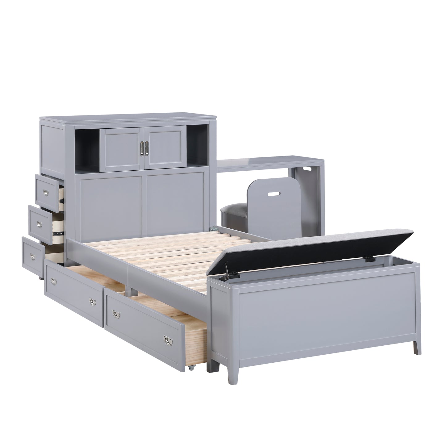 Gray Twin Bookcase Platform Bed with Hidden Desk, Storage Bench & Drawers