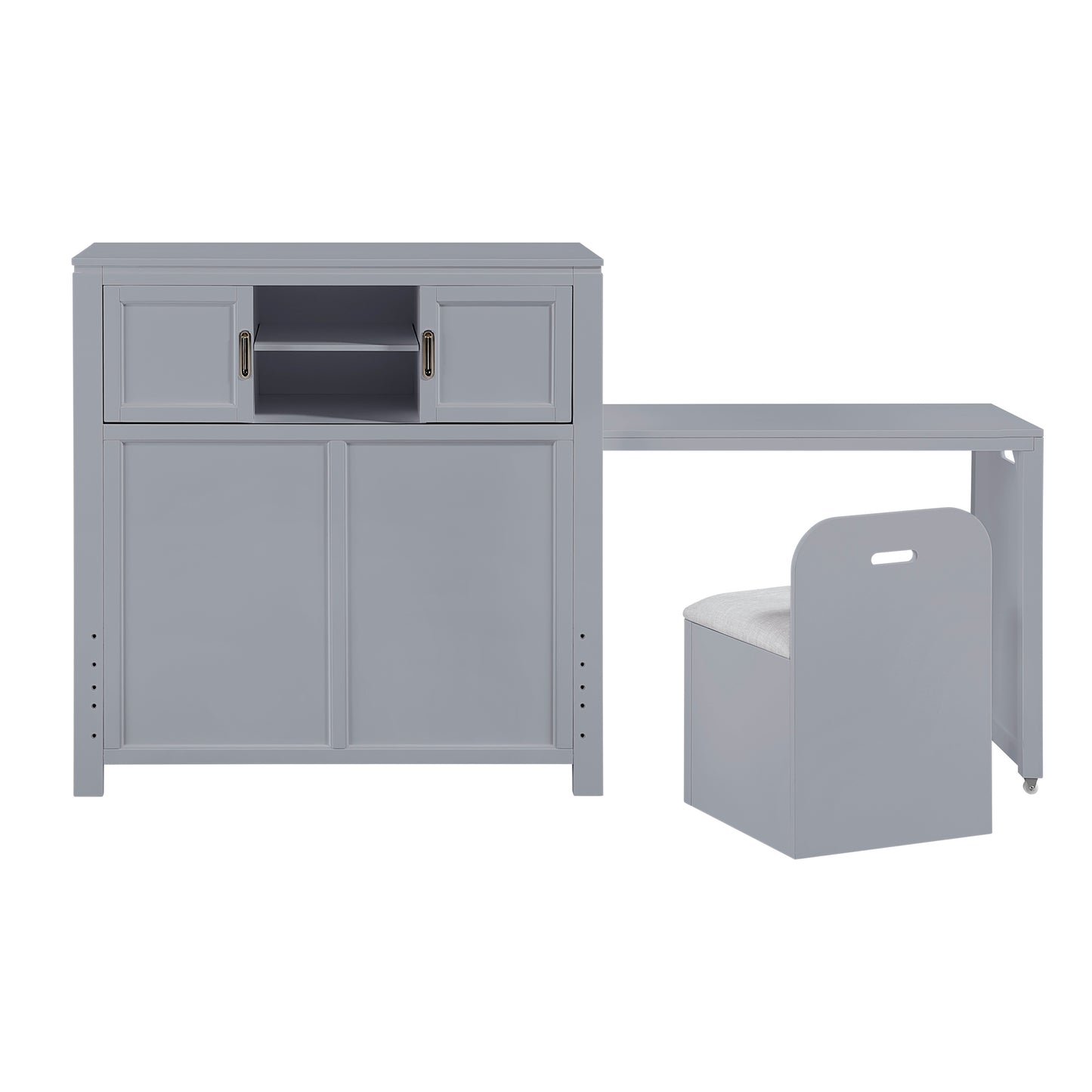 Gray Twin Bookcase Platform Bed with Hidden Desk, Storage Bench & Drawers