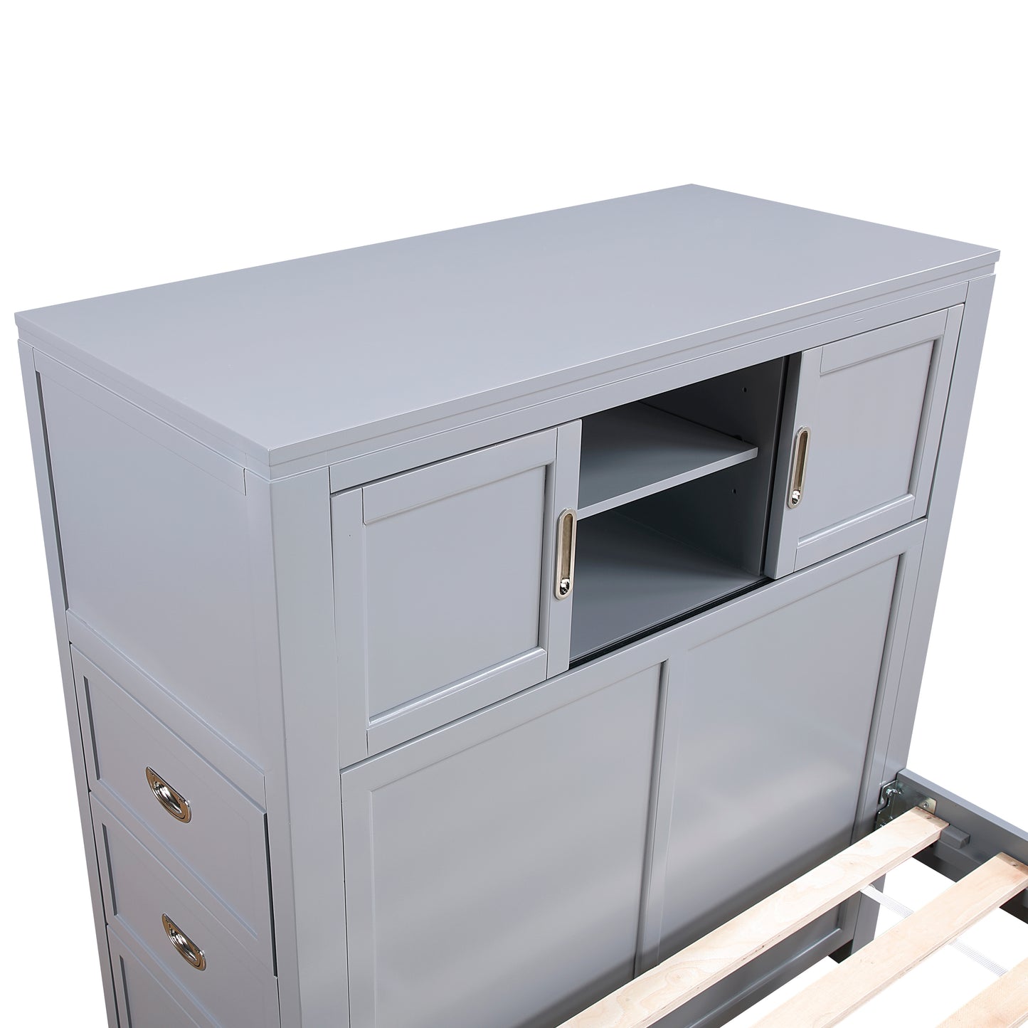 Gray Twin Bookcase Platform Bed with Hidden Desk, Storage Bench & Drawers