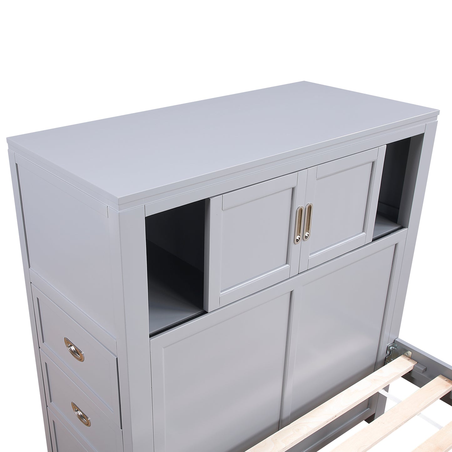 Gray Twin Bookcase Platform Bed with Hidden Desk, Storage Bench & Drawers