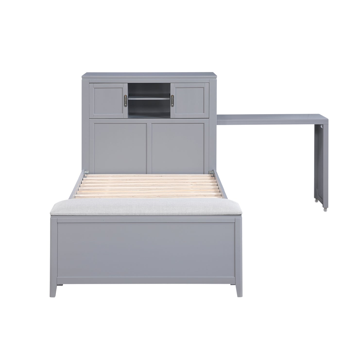 Gray Twin Bookcase Platform Bed with Hidden Desk, Storage Bench & Drawers
