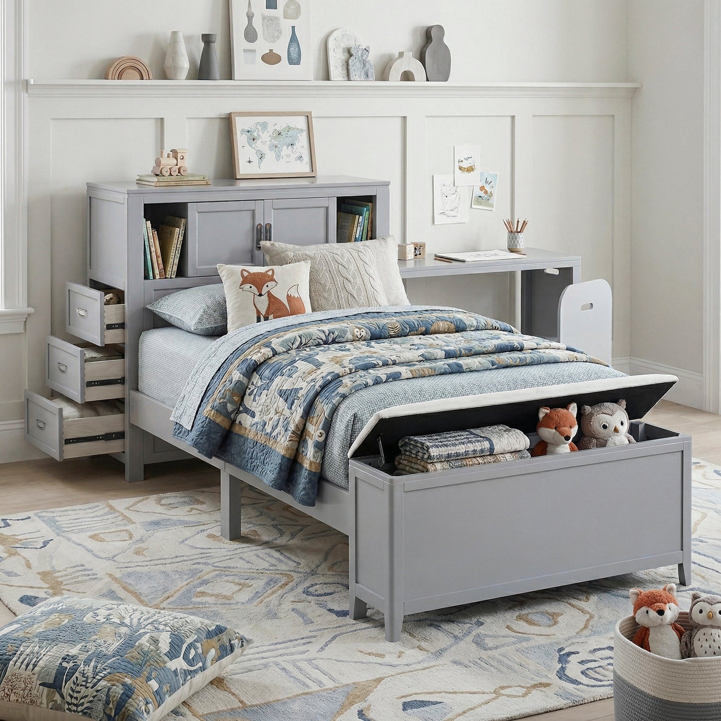 Gray Twin Bookcase Platform Bed with Hidden Desk, Storage Bench & Drawers