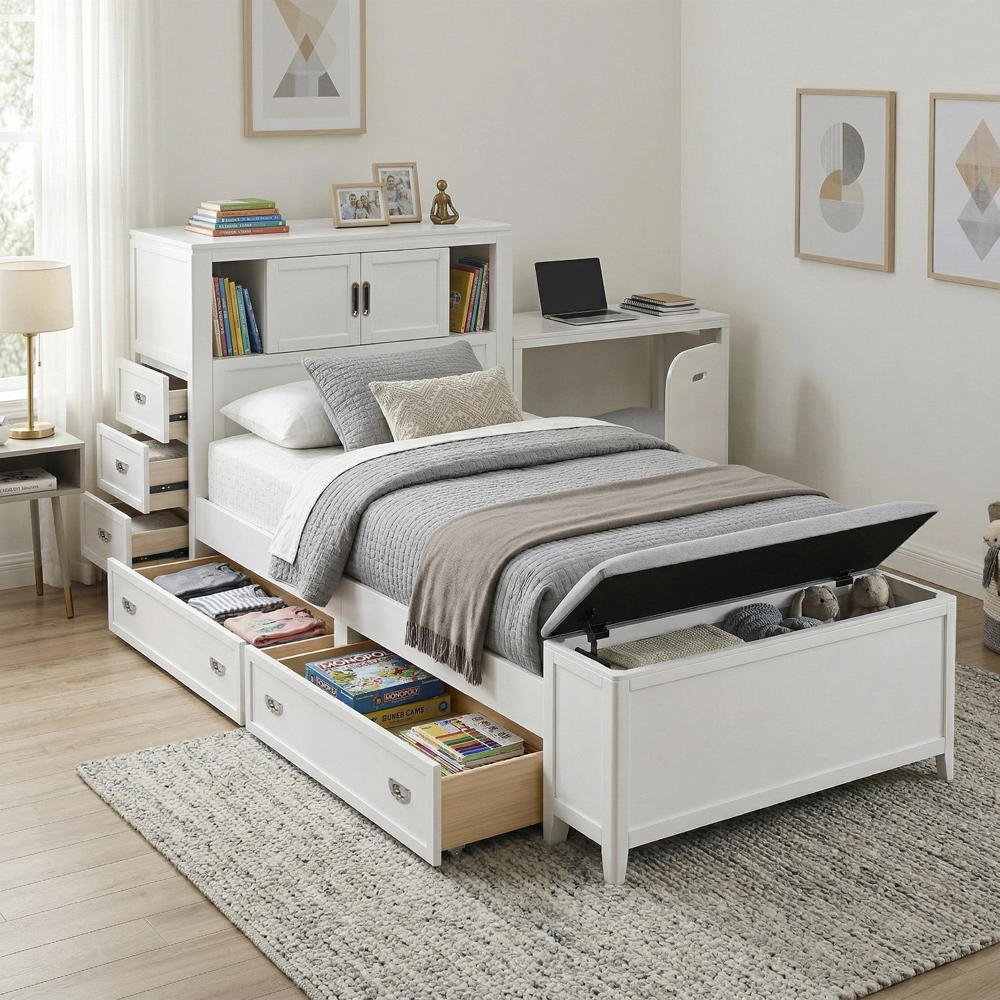 White Twin Bookcase Platform Bed with Hidden Desk, Storage Bench & Drawers