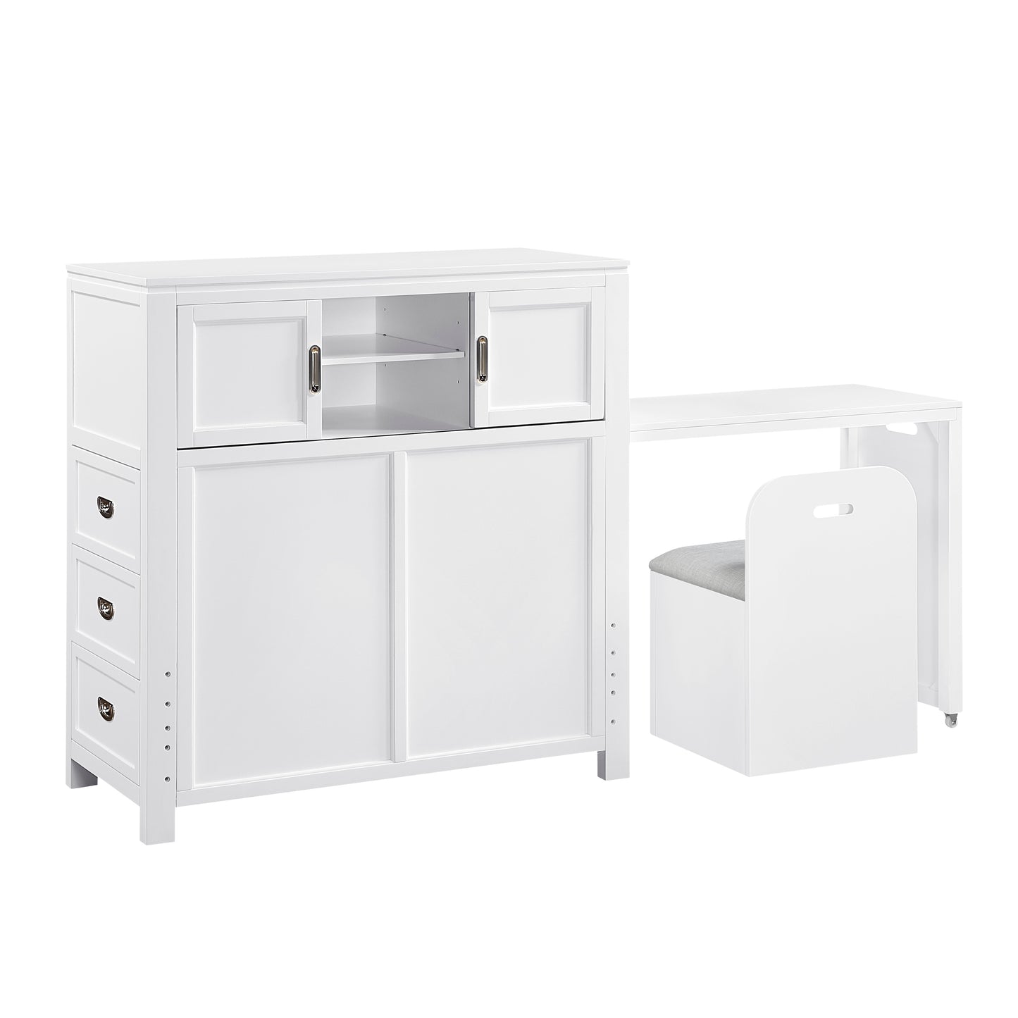 White Twin Bookcase Platform Bed with Hidden Desk, Storage Bench & Drawers