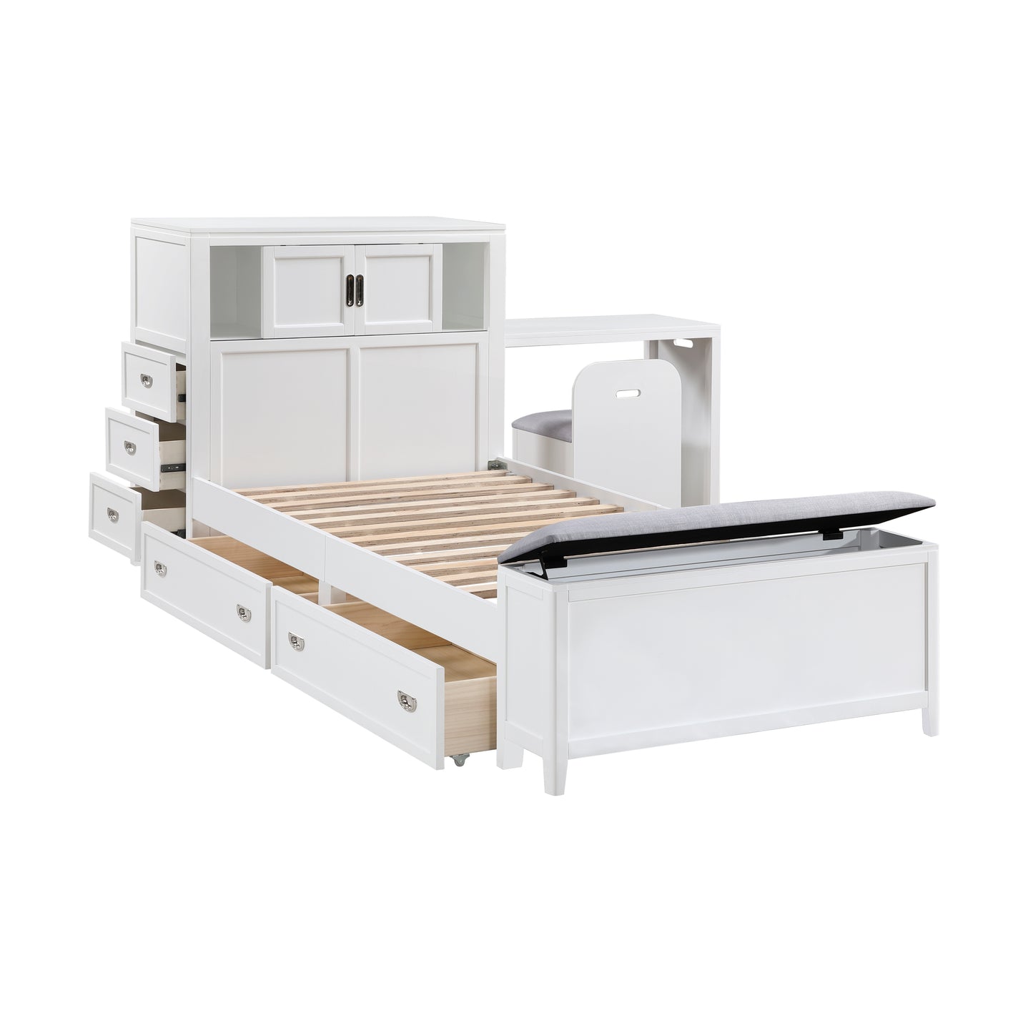 White Twin Bookcase Platform Bed with Hidden Desk, Storage Bench & Drawers