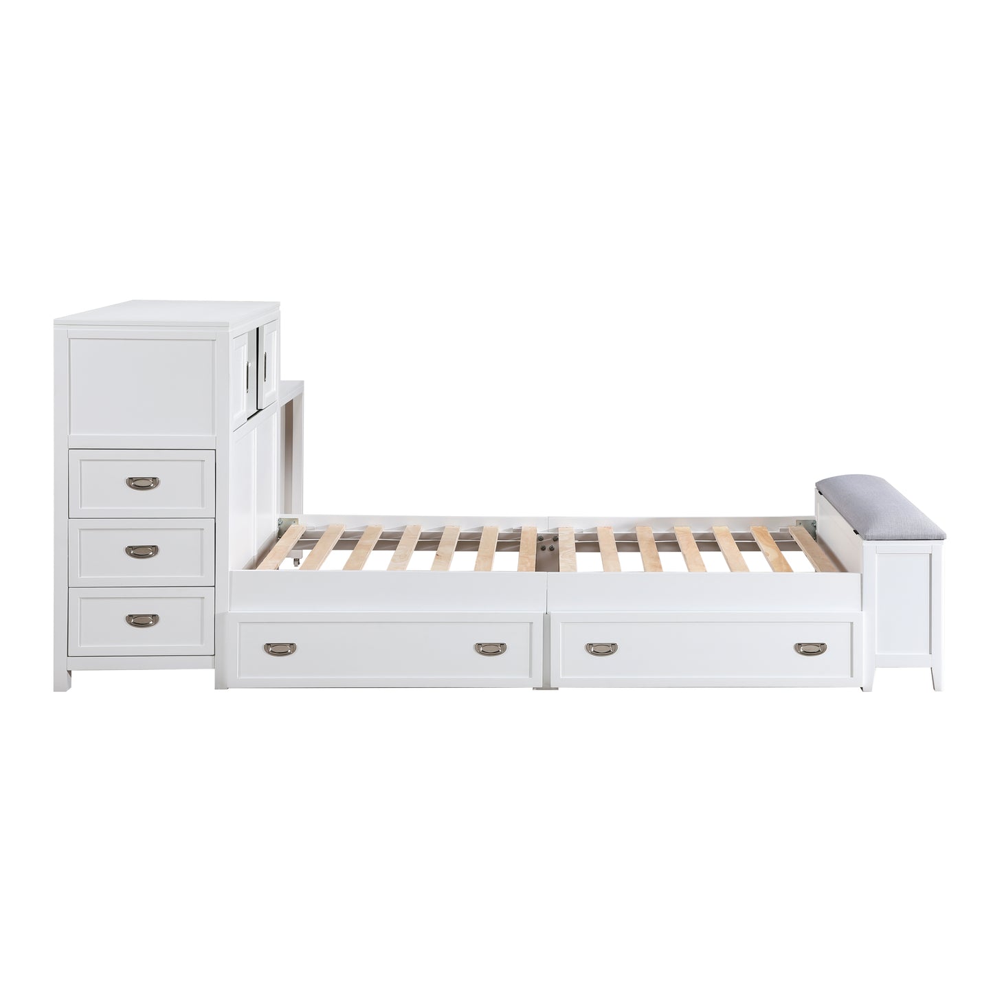 White Twin Bookcase Platform Bed with Hidden Desk, Storage Bench & Drawers