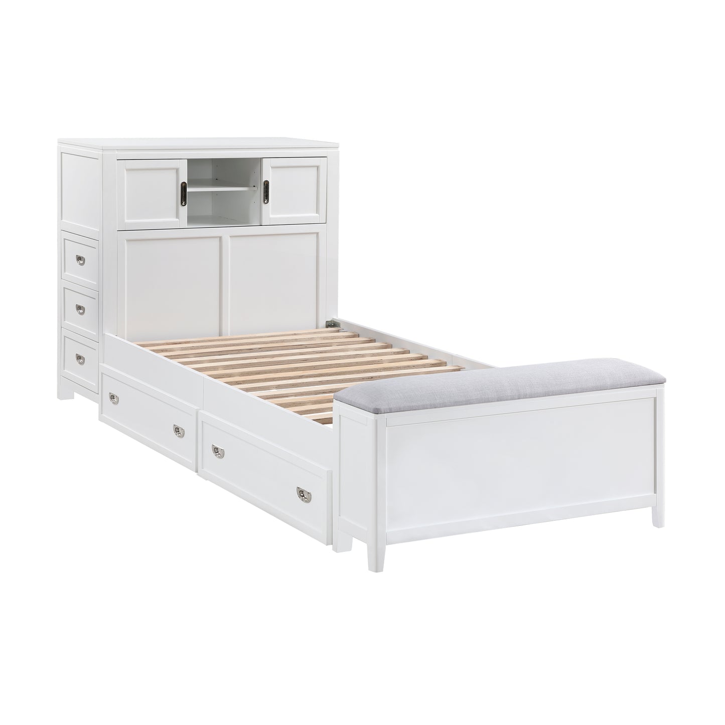 White Twin Bookcase Platform Bed with Hidden Desk, Storage Bench & Drawers